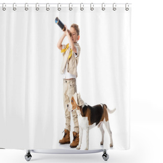 Personality  Full Length View Of Preschooler Explorer Boy With Beagle Dog Looking In Spyglass Isolated On White Shower Curtains