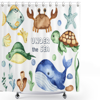 Personality  Underwater Creatures Whale, Sea Turtle, Crab, Stingray, Starfish, Algae, Corals. Watercolor Hand Drawn Clipart Shower Curtains