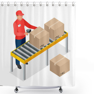 Personality  Warehouse Manager Or Warehouse Worker With Bar Code Scanner Checking Goods On Storage Racks. Stock Taking Job. Flat 3d Vector Isometric Illustration. Shower Curtains