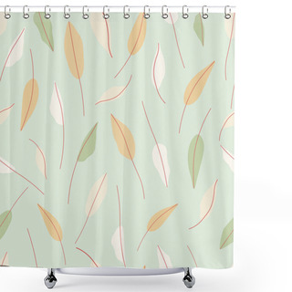 Personality  Hand Drawn Leaves Seamless Repeat Vector Pattern For Wrapping Paper,fabrics,textile,wallpaper.Botanical Vector Pattern.Orange,white And Green Leaves On A Pastel Green Background. Shower Curtains