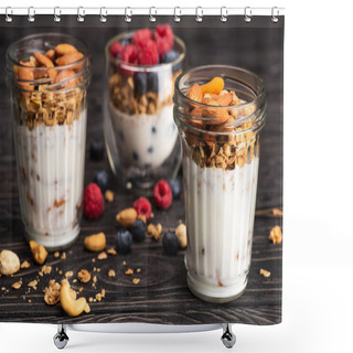 Personality  Delicious Granola With Dried Apricots, Nuts And Yogurt In Glass Cups On Wooden Surface On Blurred Background Shower Curtains