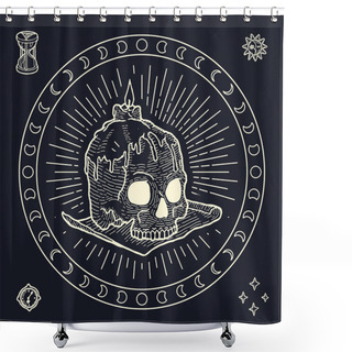 Personality  Mystical Magic Symbol Of Woodoo Practices With Human Skull, Dial, Sun, Moon, Hourglass And Stars On A Round Circle Shower Curtains