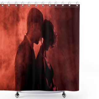 Personality  Sensual Man Embracing Passionate Woman In Smoke On Red Background  Shower Curtains