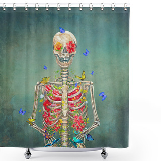 Personality  Blooming Skeleton On The Grunge Background With Butterflies Shower Curtains