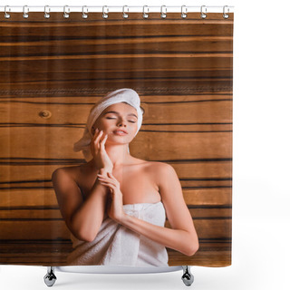 Personality  Pleased Woman In Towels Holding Hand Near Face In Sauna  Shower Curtains