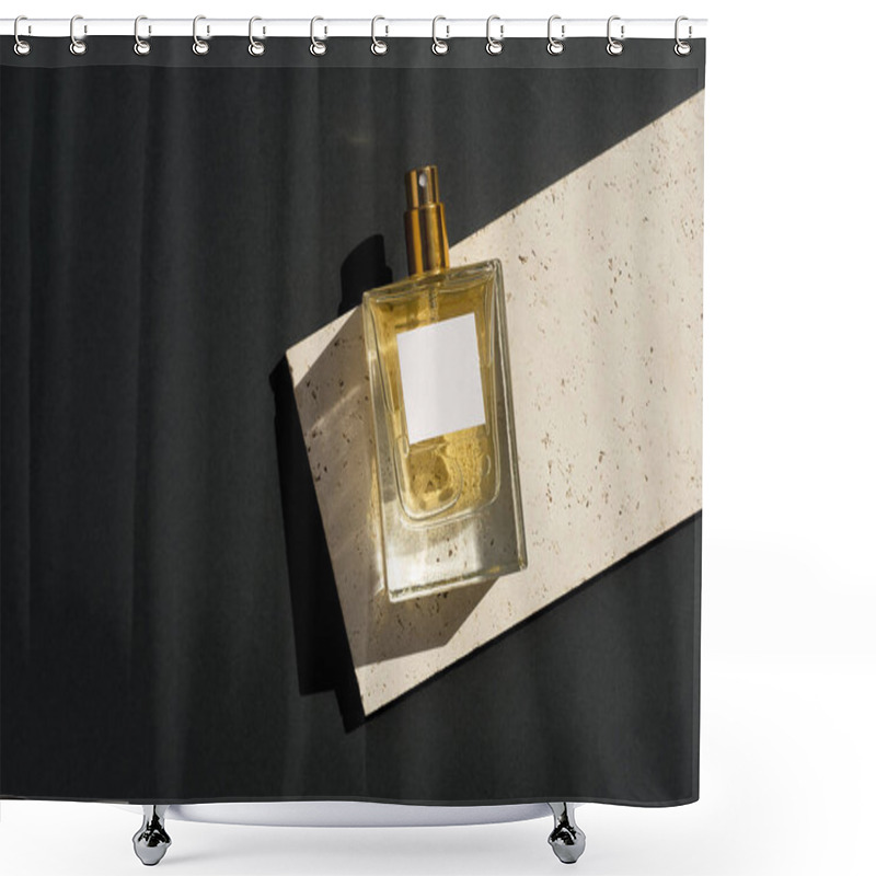 Personality  Transparent Bottle Of Perfume With White Label On Stone Plate On A Grey Background. Fragrance Presentation With Daylight. Trending Concept In Natural Materials . Women's And Men's Essence. Shower Curtains