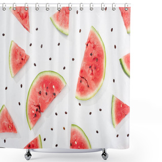 Personality  Top View Of Delicious Juicy Watermelon Slices On White Background With Scattered Seeds Shower Curtains