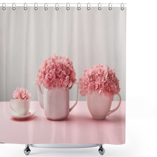 Personality  Beautiful Tender Pink Flowers In White Teapot And Cups On Grey   Shower Curtains