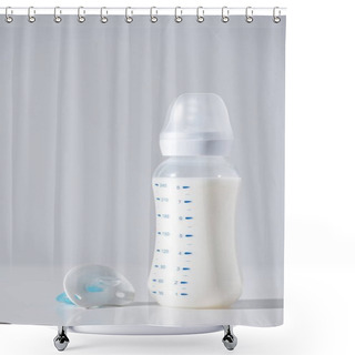 Personality  Close-up View Of Plastic Bottle With Milk And Nipple On Grey Shower Curtains