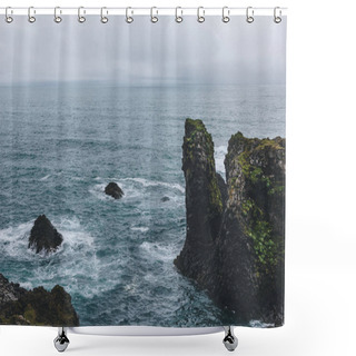 Personality  Rocky Cliffs In Front Of Blue Ocean In Arnarstapi, Iceland On Cloudy Day Shower Curtains