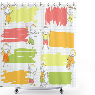 Personality  Set Of Scribble Banners With Happy Boys And Girls Shower Curtains