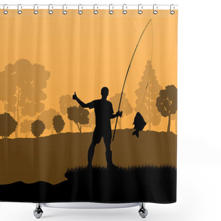 Personality  Fisherman, Angler Vector Background Landscape Concept With Trees Shower Curtains