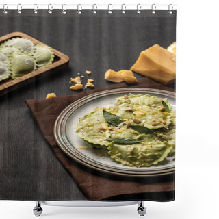 Personality   Green Ravioli With Melted Cheese, Pine Nuts And Green Sage Leaves In Retro Plate Near Cheese Shower Curtains