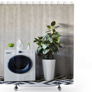 Personality  Plant And Bottles On White Washing Machine Near Ornamental Carpet In Modern Bathroom  Shower Curtains