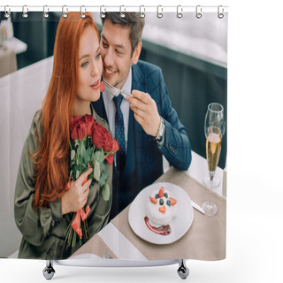 Personality  Caucasian Couple Celebrate Birthday In Restaurant Shower Curtains