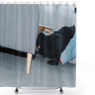 Personality  Side View Of Robber In Mask And Leather Gloves Looking Under Couch  Shower Curtains