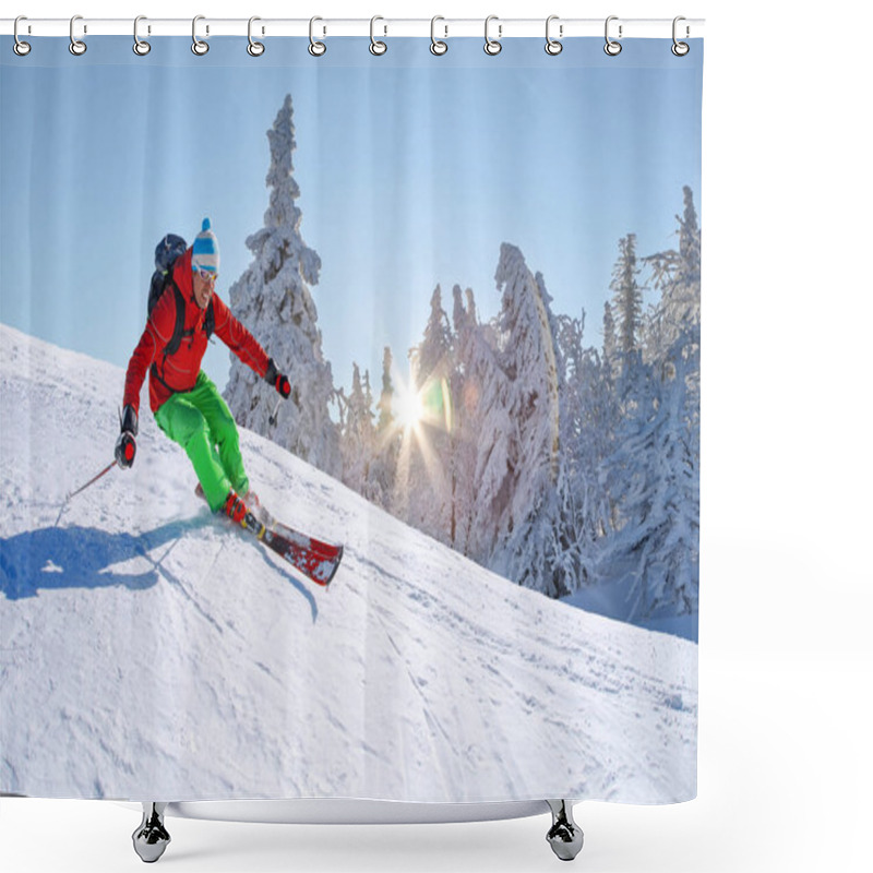 Personality  Skier Skiing Downhill In High Mountains Against Blue Sky. Shower Curtains