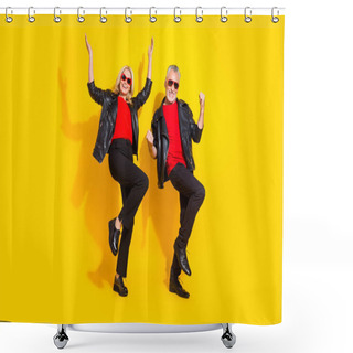 Personality  Full Length Body Size View Of Beautiful Handsome Pensioner Friends Dancing Fooling Isolated Over Bright Yellow Color Background Shower Curtains
