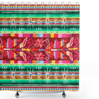 Personality  Mexican Ethnic Embroidery, Tribal Art Ethnic Pattern. Colorful Mexican Blanket Stripes Folk Abstract Geometric And Floral Repeating Texture, Vector Fabric Latin America Design Multi Color Background  Shower Curtains