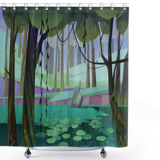 Personality  Rain In Forest With Swamp Or Lake And Water Lilies Shower Curtains