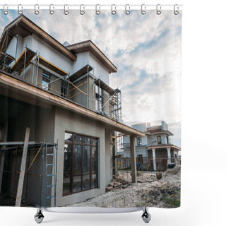 Personality  Close-up Shot Of Contemporary Building Construction With Scaffolding Under Cloudy Sky Shower Curtains