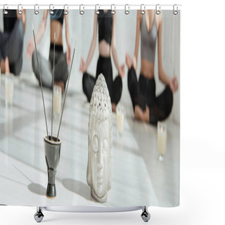 Personality  Selective Focus Of Decorative Buddha Head, Aromatic Sticks And Candles, And Young People Practicing Yoga In Half Lotus Pose, Panoramic Shot Shower Curtains