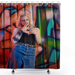 Personality  A Blonde Woman Stands Confidently In Front Of A Vibrant Graffiti Wall, Embracing The Urban Street Art Scene. Shower Curtains