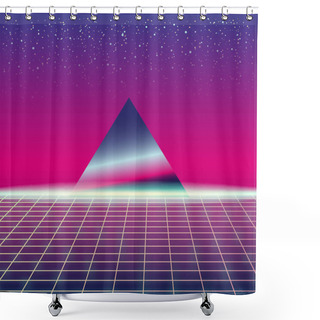 Personality  Synthwave Retro Futuristic Landscape With Pyramids And Styled Laser Grid. Neon Retrowave Design And Elements Sci-fi 80s 90s Space. Vector Illustration Template Isolated Background Shower Curtains
