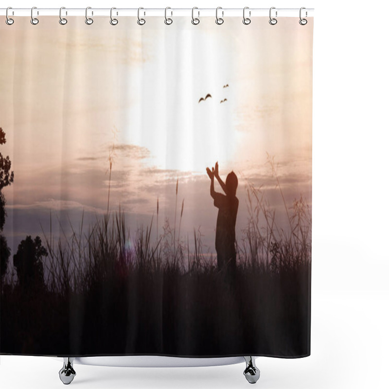 Personality  Silhouette Of Women Posing And Showing Hand In Shape Of Bird On Sky In  Twilight, Concept As Thinking, Freedom,  Free Life, Analyzing  About Business And Success In Working  At Sunset Shower Curtains