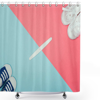 Personality  Top View Of Arrangement Of  Childish Shoes And Pregnancy Test Shower Curtains