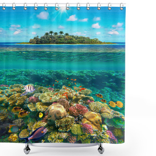 Personality  Collage About Tropical Beach With Beautiful Underwater World On A Sunny Day. Beautiful Island Paradise And With Coral Fishes At Reef. Shower Curtains