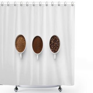 Personality  Flat Lay With Three Types Of Coffee Grinding In Cups On White Background With Copy Space Shower Curtains
