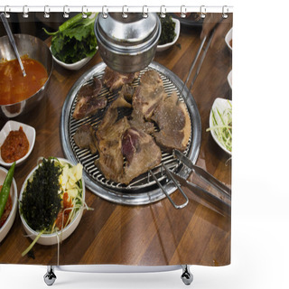 Personality  Local Traditional Korean Gourmet Food Black Pig Of Jeju Island For Grilled Roasted Barbecue Pork And Seasoning Side Dish For Korean People Taste Eat Drinks Cuisine In Local Restaurant At South Korea Shower Curtains