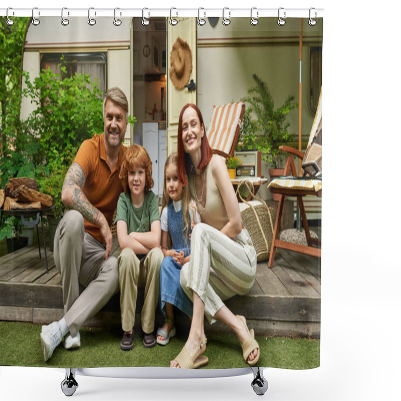 Personality  Cheerful Parents With Happy Kids Sitting Near Trailer Home And Looking At Camera, Family Leisure Shower Curtains