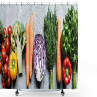 Personality  Top View Of Fresh Ripe Vegetables On Grey Concrete Surface, Panoramic Crop Shower Curtains