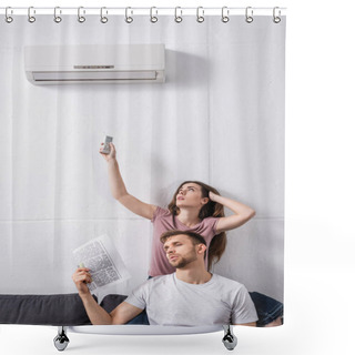 Personality  Young Couple With Remote Controller And Newspaper Suffering From Heat While Sitting Home With Broken Air Conditioner  Shower Curtains