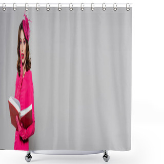 Personality  Amazed Woman In Magenta Color Dress And Hat With Feather Holding Book Isolated On Grey, Banner  Shower Curtains