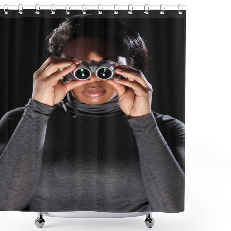 Personality  Young woman spy looking through binoculars shower curtains