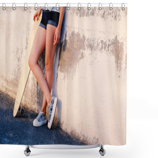 Personality  Bare Legs Of Skater Girl In Short Shorts Leaning Back Used Wall With Her Longboard Near With Her Legs Crossed Shower Curtains