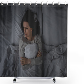 Personality  Top View Of Woman With Sleep Disorder And Crossed Arms Lying In Bedroom  Shower Curtains