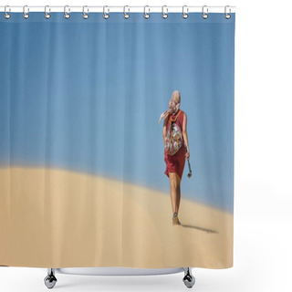 Personality  Rear View Of Lonely Woman With Backpack Walking In Desert, Vietnam, Phan Thiet Shower Curtains