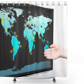 Personality  Hand Showing Weather Forecast On Modern TV Screen Shower Curtains