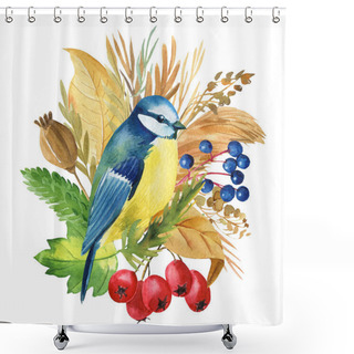Personality   Bird Titmouse And A Bouquet Of Flowers, Dry Herbs, Branches Of Berries, Watercolor Illustration, Botanical Painting Shower Curtains
