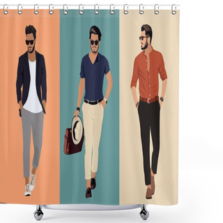 Personality  Set Of Fashion Men In Modern Trendy Outfits. Stylish Guys With Beard Wearing Casual Summer Clothes And Sunglasses. Colored Realistic Vector Illustrations Of Fashionable Men Isolated. Shower Curtains