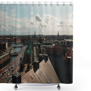Personality  High Angle View Of Buildings And Road Near Canal With Cloudy Sky At Background In Copenhagen, Denmark  Shower Curtains