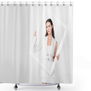 Personality  Beautiful Woman In Total White Holding White Frame Shower Curtains