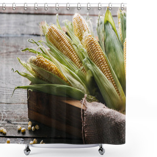 Personality  Close Up View Of Raw Corn Cobs In Box With Sack Cloth On Wooden Surface Shower Curtains