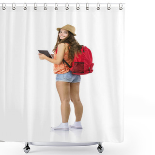 Personality  Female Tourist Using Digital Tablet Shower Curtains