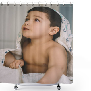 Personality  Selective Focus Of Adorable Boy, Wrapped In Hooded Towel, Looking Up While Sitting On Bed Shower Curtains