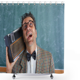 Personality  Nerd Silly Retro Man With Braces And Vintage Radio Shower Curtains